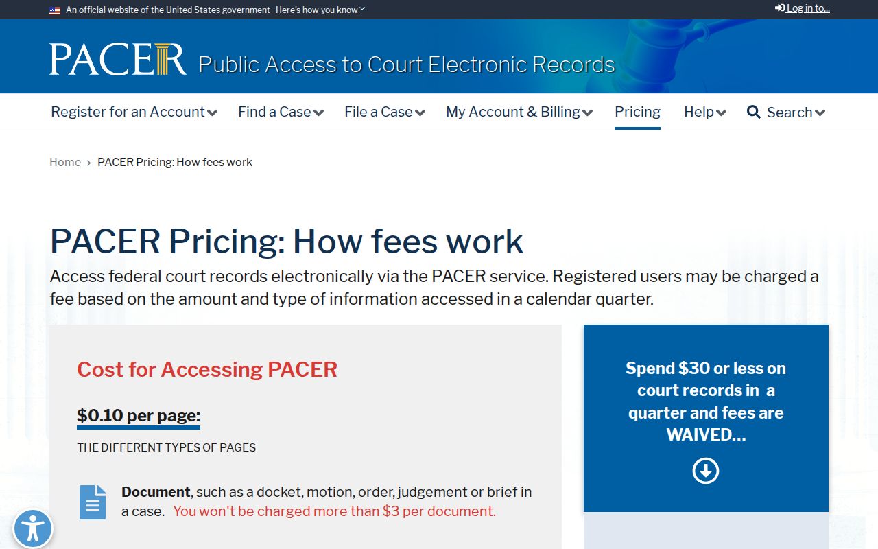 Official PACER access information for federal cases